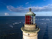 Frankreich, Gironde, Verdon sur Mer, Felsplateau von Cordouan, Leuchtturm von Cordouan, gelistet als Monument Historique, Gesamtansicht bei Flut (Luftbild) der Laterne