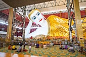 Myanmar (Burma), Yangon, Shwe Gon Daing district, Paya Chaukhtatgyi, reclining cemented gold Buddha with 70m long glass mosaics