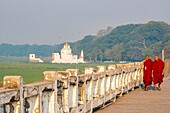 Myanmar (Burma), Mandalay region, Amarapura, the 1.2-mile-long U Bein Teak Bridge, was built in 1849 on Taungthaman Lake