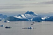 Greenland, West Coast, Disko Bay, Ilulissat, speedboat crossing the icefjord listed as World heritage by UNESCO