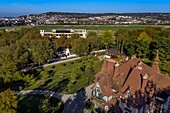 France, Calvados, Pays d'Auge, Deauville, Strassburger Villa overlooking the racecourse Deauville La Touques in the background