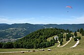 Frankreich, Haut Rhin, Hautes Vosges, Le Treh, Gleitschirmflugplatz, Blick auf Oderen und das obere Thurtal