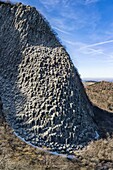 France, Puy de Dome, Orcival, Regional Natural Park of the Auvergne Volcanoes, Monts Dore, Tuiliere rock, volcanic pipe formed phonolite (aerial view)