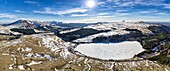 France, Puy de Dome, Mont Dore, Regional Natural Park of the Auvergne Volcanoes, Monts Dore, Guery lake (aerial view)