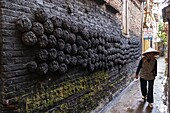Vietnam, Bat Trang, near Hanoi, ceramist village, clods of coal stuck on a wall of a traditional house