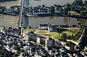France, Indre et Loire, Loire valley listed as World Heritage by UNESCO, Amboise, Amboise castle on its rocky outcrop and the Loire (aerial view)