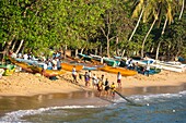 Sri Lanka, Südprovinz, Tangalle, Strand in der Nähe des Fischereihafens, Fischer ziehen ihr Netz ein