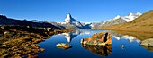 Switzerland, canton of Valais, Zermatt, the Matterhorn (4478m), Dent Blanche, Obergabelhorn and Wellenkuppe peaks from Lake Stellisee