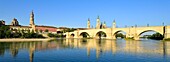 Spain, Aragon Region, Zaragoza Province, Zaragoza, La Seo (San Salvador Cathedral), Basilica de Nuestra Senora de Pilar and the Puente de Piedra on the Ebro River