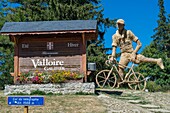 France, Savoie, massif des Cerces, Valloire, cycling ascension of the Col du Galibier, one of the routes of the largest cycle area in the world, passage to the Telegraph Pass and its straw sculpture in tribute to the Tour de France