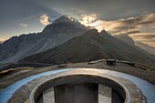 France, Savoie, Valloire, massif des Cerces, cycling ascension of the Col du Galibier, one of the routes of the largest bike domain in the world, view towards the big Galibier and the sunrise orientation table