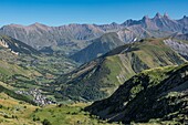 France, Savoie, Saint Jean de Maurienne, the largest cycling area in the world was created within a radius of 50 km around the city. At the cross of the Iron Cross, view of the valley of Saint Sorlin and the needles of Arves
