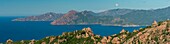 France, Corse du Sud, Gulf of Porto, listed as World Heritage by UNESCO, Piana shores with pink granite rocks, Capo Senino and the Scandola peninsula Nature Reserve in the background
