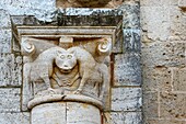 Italy, Tuscany, Val d'Orcia listed as World Heritage by UNESCO, Castelnuovo dell Abate, Montalcino, San'tAntimo cistercian abbey, close up of a capital
