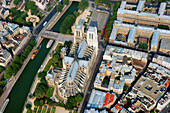 France, Paris, area listed as World Heritage by UNESCO, Notre Dame Cathedral on the Ile de la Cite (aerial view)