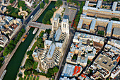 Frankreich, Paris, von der UNESCO zum Weltkulturerbe erklärtes Gebiet, Kathedrale Notre-Dame auf der Ile de la Cite (Luftaufnahme)