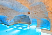 Italy, Basilicata, Matera, European Capital of Culture in 2019, old troglodyte town listed as World Heritage by UNESCO, Sasso Caveoso, Aquatio hotel (Cave Luxury Hotel & Spa) designed by architect Simone Micheli and opened in 2018, swimming pool dug in the tuff
