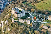 Frankreich, Eure, Les Andelys, Chateau Gaillard, Festung aus dem 12. Jahrhundert, erbaut von Richard Coeur de Lion, Seine-Tal (Luftaufnahme)