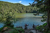 France, Haut Rhin, fishermen on the shores of Lake Green or Lake Soultzeren is a small lake on the Alsatian side of the Vosges in the valley of Munster, It is located at the foot of the Tanet massif