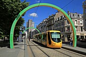 France, Haut Rhin, Mulhouse, President Kennedy Avenue, The tramway and the metal arches of Buren