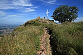 France, Haut Rhin, Hautes Vosges, The rock of Aussichtsfelsen with the cross of the volunteers, The Hartmannswillerkopf, renamed Vieil Armand after the First World War, is a pyramidal rocky outcrop in the Vosges mountains, overlooking the plain of Alsace Haut Rhin, over 956 meters