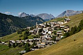 France, Hautes Alpes, Queyras massif, Saint Veran, general view of the village from the Clausis road
