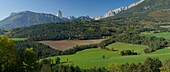 Frankreich, Isere, Trieves, Panoramablick auf den nahen Mann und den Mont Aiguille (2085m)