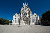 Frankreich, Ain, Bourg en Bresse, Königliches Kloster von Brou, restauriert im Jahr 2018, die Kirche Saint Nicolas de Tolentino, Meisterwerk der Flamboyant-Gotik, Detail der Westfassade
