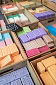 France, Alpes Maritimes, Nice, listed as World Heritage by UNESCO, Old Nice district, Cours Saleya market, scented soap stall