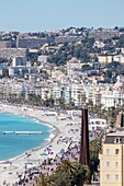France, Alpes Maritimes, Nice, listed as World Heritage by UNESCO, the Baie des Anges and the Promenade des Anglais, Nine Oblique Lines, Bernar Venet's steel sculpture represent the 9 hills of the County of Nice on the esplanade Georges Pompidou