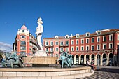 France, Alpes Maritimes, Nice, listed as World Heritage by UNESCO, place Massena, the Fontaine du Soleil and the Appollon statue