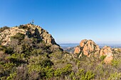 France, Var, Agay commune of Saint Raphael, Esterel massif, seen from Cap Roux on the summit of Saint Pilon (442m), the coastline of the Corniche de l'Esterel and in the background Antheor and Cap du Dramont