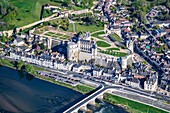 France, Indre et Loire, Loire valley listed as World Heritage by UNESCO, view of city and castle of Amboise (aerial view)