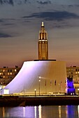 France, Seine Maritime, Le Havre, city rebuilt by Auguste Perret listed as World Heritage by UNESCO, the basin of Commerce, Volcano of architect Oscar Niemeyer and lantern tower of Saint Joseph's church
