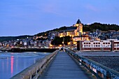 France, Seine Maritime, Le Treport, the wooden jetty and Saint Jacques church