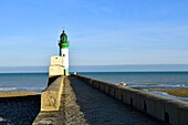 France, Seine Maritime, Le Treport, harbour and lighthouse at the end of the jetty