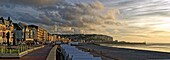 France, Somme, Mers-les-Bains, searesort on the shores of the Channel, the beach and its 300 beach cabins, the chalk cliffs in the background