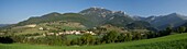 France, Drome, Vercors Regional Natural Park, panoramic view of the village of Chamaloc and the rocks of Chironne on the Rousset pass road