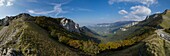 France, Drome, Vercors Regional Natural Park, Vassieux en Vercors, panoramic view to the North and the valley of Bouvante from the Col de la Bataille