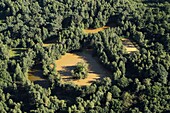 Frankreich, Indre et Loire, Loire-Tal, das von der UNESCO zum Weltkulturerbe erklärt wurde, Amboise, Amboise-Wald, verschiedenfarbige Teiche im Wald von Amboise (Luftaufnahme)