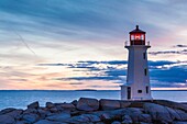 Canada, Nova Scotia, Peggy's Cove, fishing village on the Atlantic Coast, Peggys Cove Lighthouse, dusk