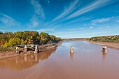 Canada, Nova Scotia, Green Oaks, Fundy Tidal Interpretive Area, elevated view of huge Bay of Fundy tides on the Shubenacadie River