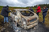 United Kingdom, Northern Ireland, Ulster, county Tyrone, Sperrin mountains, Burnt out car