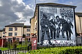 United Kingdom, Northern Ireland, Ulster, county Derry, Derry, the Bogside catholic area, Bloody Sunday's murals, father Edward Daly with his white handkerchief evacuating a wounded demonstrator