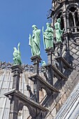 France, Paris, zone listed as World Heritage by UNESCO, Notre-Dame cathedral on the City island, the statues of the apostles at the base of the spire