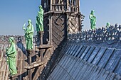 France, Paris, zone listed as World Heritage by UNESCO, Notre-Dame cathedral on the City island, statues of the apostles at tje base of the spire