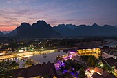 Lao, Vientiane Province, Vang Vieng, Nam Song river, Karstic Mountains in the background