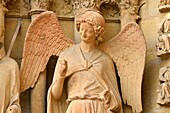 France, Marne, Reims, Notre Dame cathedral, listed as World Heritage by UNESCO, portal, detail of a sculpture representing the angel with the smile on the western frontage
