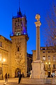France, Bouches du Rhone, Aix en Provence, Place de l'Hotel de Ville (City Hall square), Fountain of the tanners and the bell tower of the Augustins