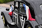 France, Territoire de Belfort, Vézelois, street, historical reconstruction of the Liberation of the village in 1944, during the celebrations of May 8, 2019, Citroën Traction Avant vehicle of F.F.I.